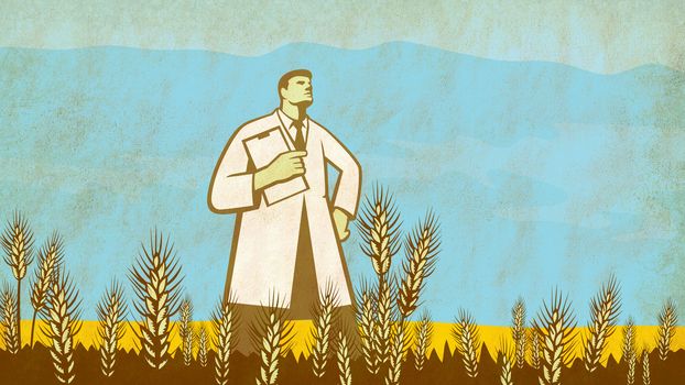 Retro style illustration of a scientist, researcher or laboratory technician with clipboard in the middle of a Genetically Modified Organism or GMO wheat field.