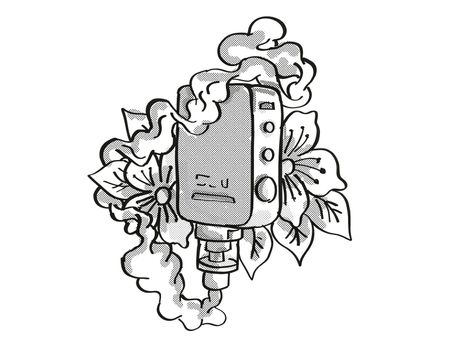 Tattoo cartoon style drawing illustration of a vape electronic cigarette or vaper smoking with leaves and flower on isolated background done in black and white.