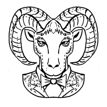 Retro cartoon style portrait drawing of head of a Ram or Mountain Goat Wearing Tuxedo and Tie viewed from front on isolated white background done in black and white.