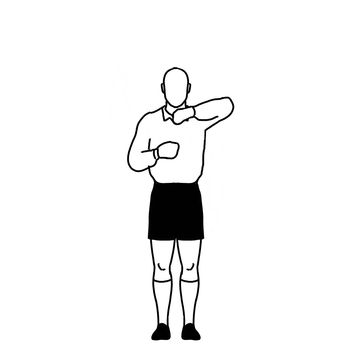 Retro style line drawing illustration showing a rugby referee with penalty leaning on lineout hand signal on isolated background in black and white.