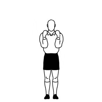 Retro style line drawing illustration showing a rugby referee with penalty not releasing the ball when tackled hand signal on isolated background in black and white.