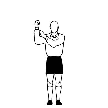 Retro style line drawing illustration showing a rugby referee with penalty knock on hand signal on isolated background in black and white.