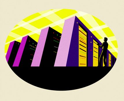 Retro style illustration of super computer or mainframe with a technician looking up set inside oval on isolated background on Japanese paper.