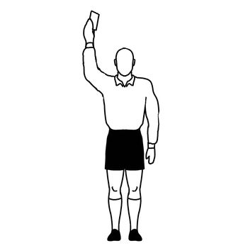 Retro style line drawing illustration showing a rugby referee with penalty Red Card Sending Off or Yellow Card Caution hand signal on isolated background in black and white.