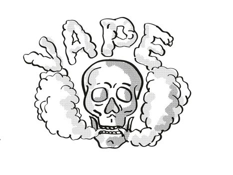 Tattoo cartoon style drawing illustration of a human vaper skull vaping puffing smoke the text Vape on isolated background done in black and white.