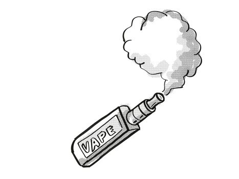 Tattoo cartoon style drawing illustration of a vape electronic cigarette or vaper smoking with puff of smoke on isolated background done in black and white.