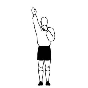 Retro style line drawing illustration showing a rugby referee with penalty try hand signal on isolated background in black and white.