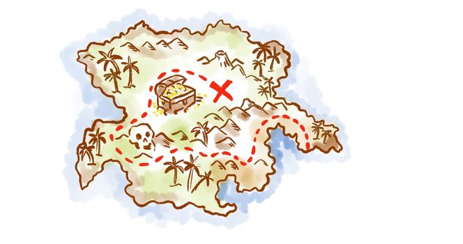 Retro style sketch drawing of a vintage fantasy treasure map of an island showing x mark the spot on isolated white background.
