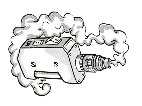 Tattoo cartoon style drawing illustration of a vape electronic cigarette or vaper smoking with puff of smoke on isolated background done in black and white.