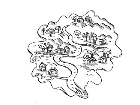 Retro cartoon style drawing of a vintage fantasy or treasure map showing an Island With River and Houses on isolated white background done in black and white.