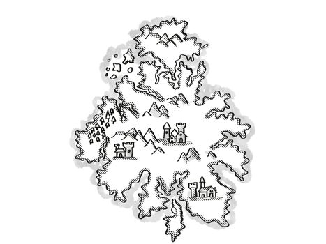 Retro cartoon style drawing of a vintage fantasy or treasure map showing a Castle or Fortress on an island on isolated white background done in black and white.