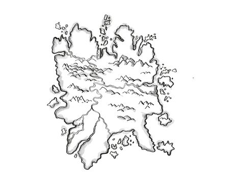 Retro cartoon style drawing of a vintage fantasy or treasure map showing an Island With Mountains and Rivers on isolated white background done in black and white.