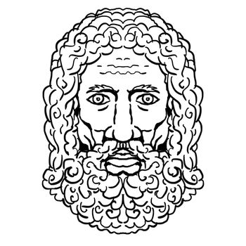 Retro cartoon style portrait drawing of head of Zeus, a Greek god in mythology viewed from front on isolated background done in black and white.