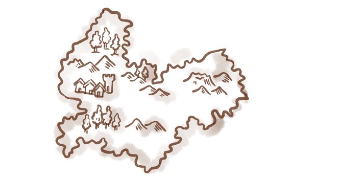 Retro style sketch drawing of a vintage medieval fantasy map of an island on white background.