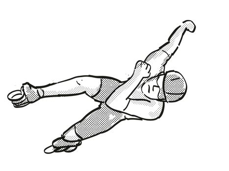 Retro cartoon style drawing of an athlete skater inline speed skating on isolated background done in black and white
