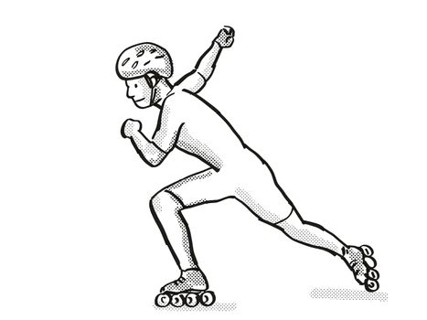 Retro cartoon style drawing of an athlete skater inline speed skating on isolated background done in black and white