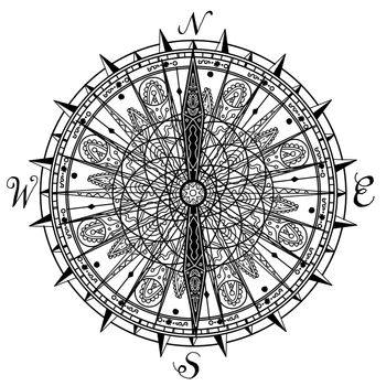 Mandala style illustration of a vintage compass with needle pointing to North and South on isolated background.