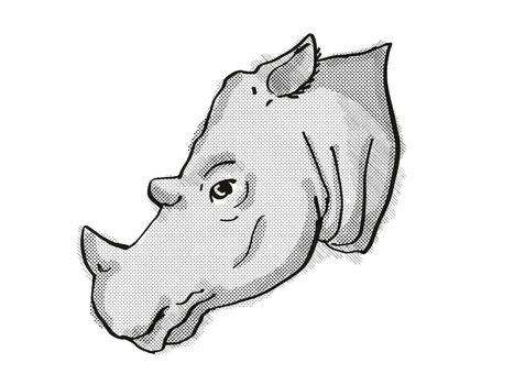 Retro cartoon style drawing of head of a Sumatran Rhinoceros , an endangered wildlife species on isolated white background done in black and white.