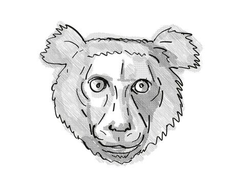 Retro cartoon style drawing of head of an Indri, a large species of Lemur found in Madagascar and an endangered wildlife species on isolated white background done in black and white.