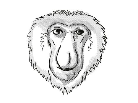 Retro cartoon style drawing of head of a Proboscis Monkey, a medium-sized arboreal primate in Borneo and an endangered wildlife species on isolated white background done in black and white.