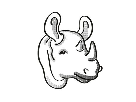 Retro cartoon mono line style drawing of head of a Black rhinoceros, an endangered wildlife species on isolated white background done in black and white.