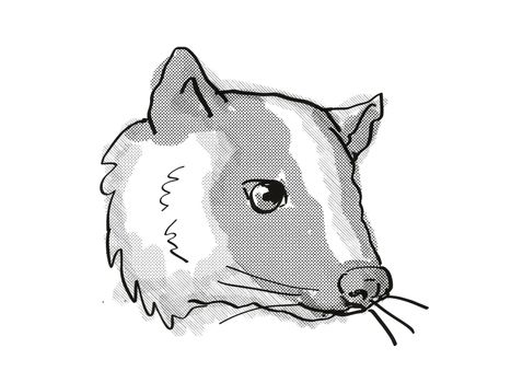 Retro cartoon style drawing of head of a Masked Palm Civet or Paguma Larvata, an endangered wildlife species on isolated white background done in black and white.