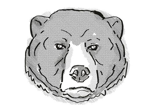Retro cartoon style drawing of head of a Sun Bear or Helarctos malayanus, an endangered wildlife species on isolated white background done in black and white.