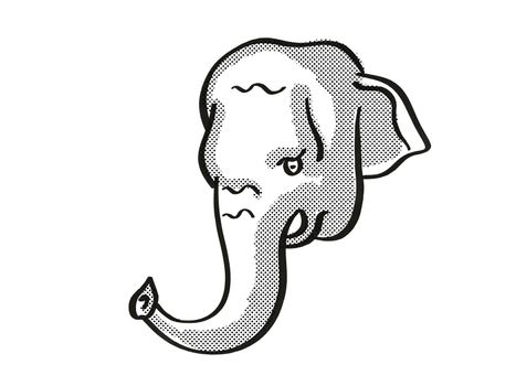 Retro cartoon mono line style drawing of head of a Borneo Elephant or Elephas maximus borneensis , an endangered wildlife species on isolated white background done in black and white.