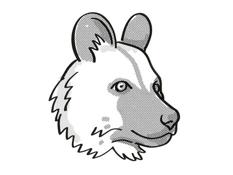 Retro cartoon mono line style drawing of head of an African Wild Dog also known as Painted Dog and Cape Hunting Dog, an endangered wildlife species on isolated background done in black and white.