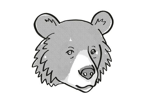 Retro cartoon mono line style drawing of head of an Asiatic Black Bear or Ursus tibetanus, an endangered wildlife species on isolated white background done in black and white.