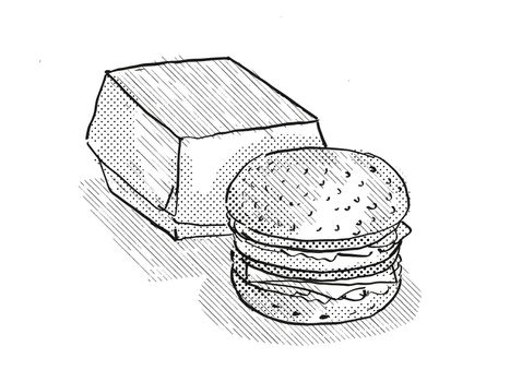 Retro cartoon style drawing of a hamburger or cheeseburger burger meal with packaging on isolated white background done in black and white