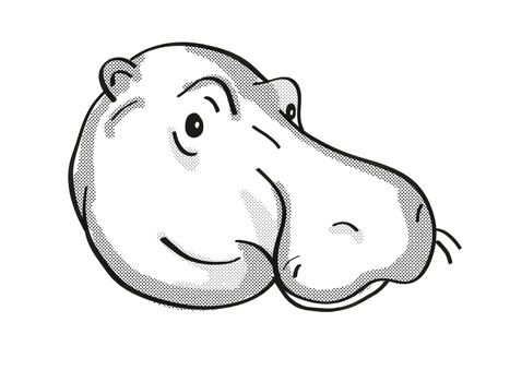 Retro cartoon mono line style drawing of head of a Common hippopotamus, Hippopotamus amphibius, an endangered wildlife species on isolated white background done in black and white.