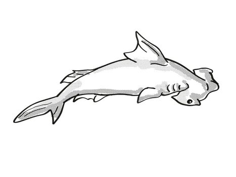 Retro cartoon mono line style drawing of a scalloped hammerhead or Sphyrna lewini, a species of hammerhead shark, an endangered wildlife species on isolated background done black and white full body.