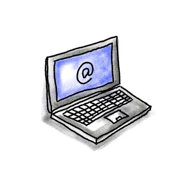 Drawing sketch style illustration of a laptop computer with e-mail symbol on screen on isolated white background.