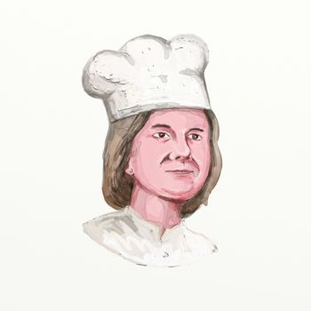 Watercolor painting illustration of a bust of a female chef, cook or baker looking forward on isolated white background.
