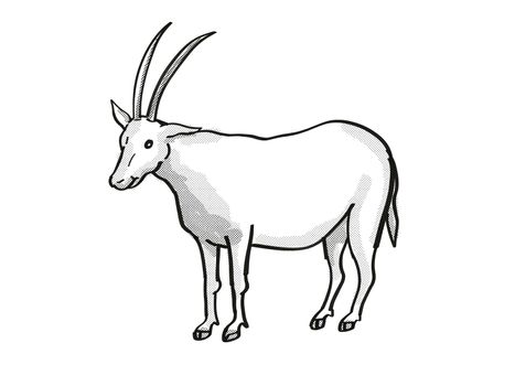 Retro cartoon mono line style drawing of a scimitar oryx, scimitar-horned oryx or Sahara oryx, an endangered wildlife species on isolated white background done in black and white full body.