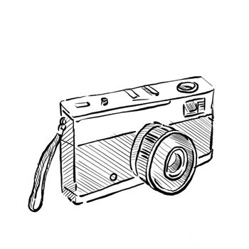 Drawing sketch style illustration of Vintage 35mm SLR Film Camera on isolated white background.