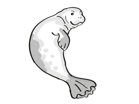 Retro cartoon mono line style drawing of a Hawaiian monk seal, an endangered wildlife species on isolated white background done in black and white full body.