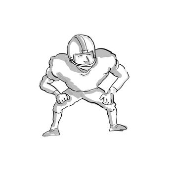 Cartoon style illustration of an American football player done in black and white on isolated white background