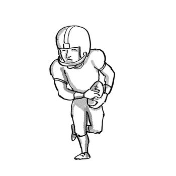 Cartoon style illustration of an American football player done in black and white on isolated white background