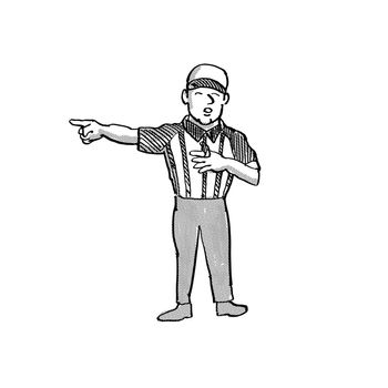 Cartoon style illustration of an American football official or referee done in black and white on isolated white background