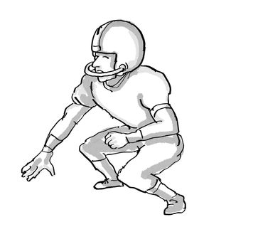 Cartoon style illustration of an American football player done in black and white on isolated white background