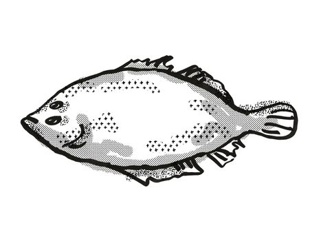 Retro cartoon style drawing of a Lefteye Flounder  , a native Australian marine life species viewed from side on isolated white background done in black and white.