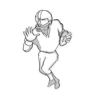 Cartoon style illustration of an American football player done in black and white on isolated white background