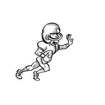 Cartoon style illustration of an American football player done in black and white on isolated white background