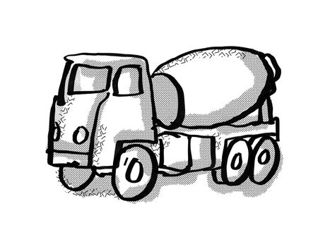 Retro cartoon style drawing of a cement truck on isolated white background done in black and white