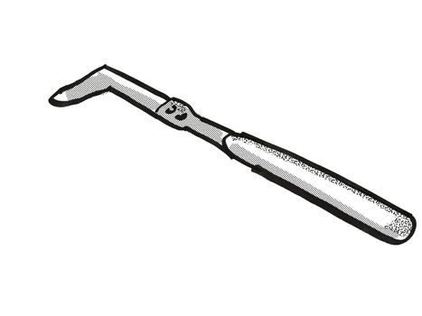 Retro cartoon style drawing of an edging knife, a garden or gardening tool equipment on isolated white background done in black and white