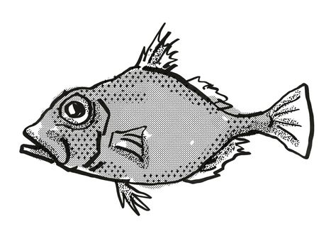 Retro cartoon style drawing of a False Dory , a native Australian marine life species viewed from side on isolated white background done in black and white.