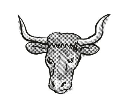 Retro cartoon style drawing of head of a Ankole-Watusi bull or cow, a cattle breed viewed from front  on isolated white background done in black and white