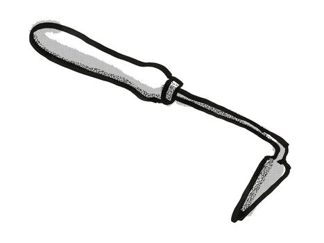 Retro cartoon style drawing of a hand weeder , a garden or gardening tool equipment on isolated white background done in black and white